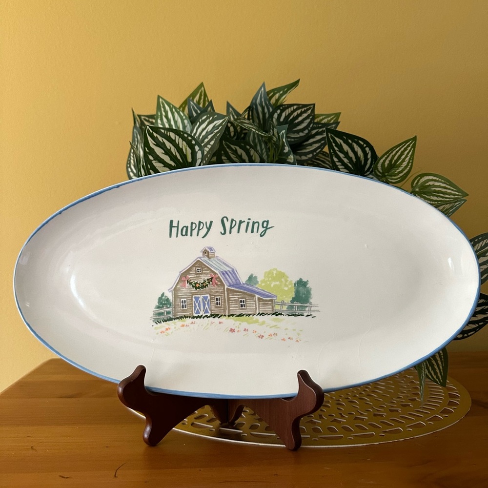 Magenta Happy Spring Oval Platter with Barn Design